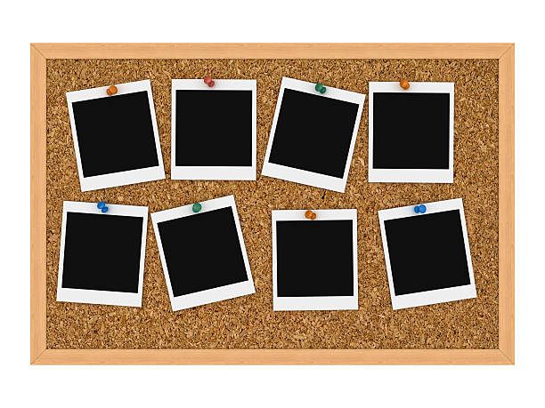 Instant pictures tacked to cork board Corkboard with Instant Print Pictures. bulletin board photos stock pictures, royalty-free photos & images