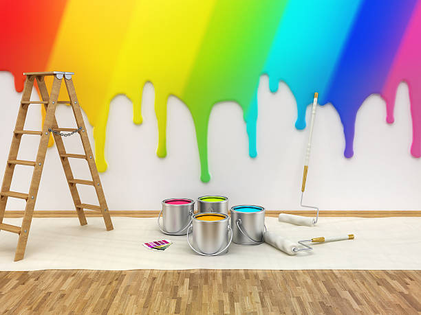 pintura acessórios e um toalheiro ao lado de uma parede - house painter home improvement paint can painter - fotografias e filmes do acervo