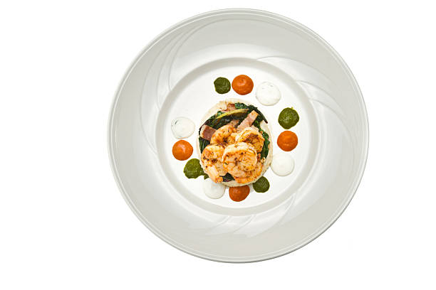 Top view of Stir Fried Shrimp with Salted Eggs on white isolated.