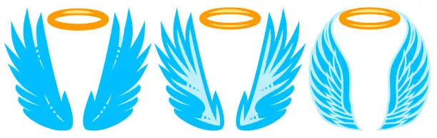Vector illustration of Set of three angel wings with a halo. Color vector illustration