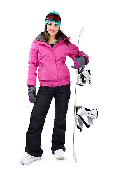 chica con nieve de planchar - snow gear fotografías e imágenes de stock