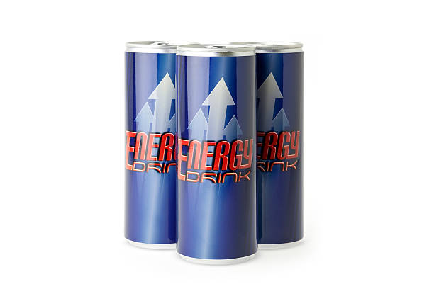 Canned Energy "Three 8.4 ounce cans of generic (my own design) energy drink, shot on a pure white background.Click on the banner below to see more photos like this." energy drink photos stock pictures, royalty-free photos & images
