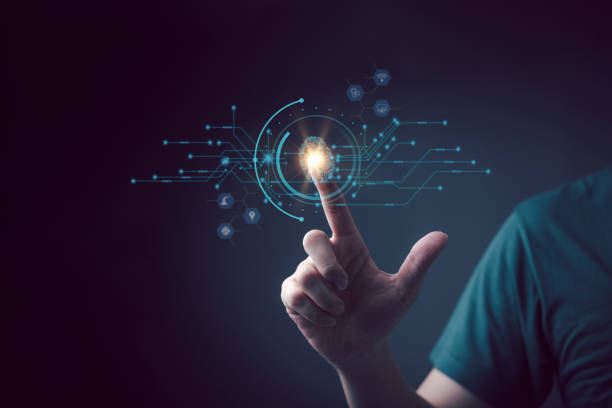 istock Man scan fingerprint biometric identity and approval. Secure access granted by valid fingerprint scan, cyber security on internet of digital program futuristic applications cybernetic business 1849920736