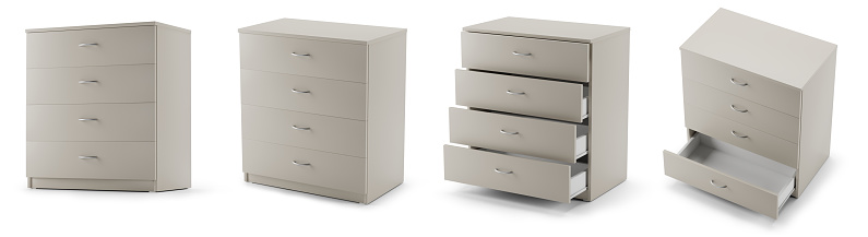 cupboards or chests of drawers, modern and minimalist 4 drawer furniture design with matte, neutral finish, interior storage organizer, realistic 3D rendered illustration isolated on white background