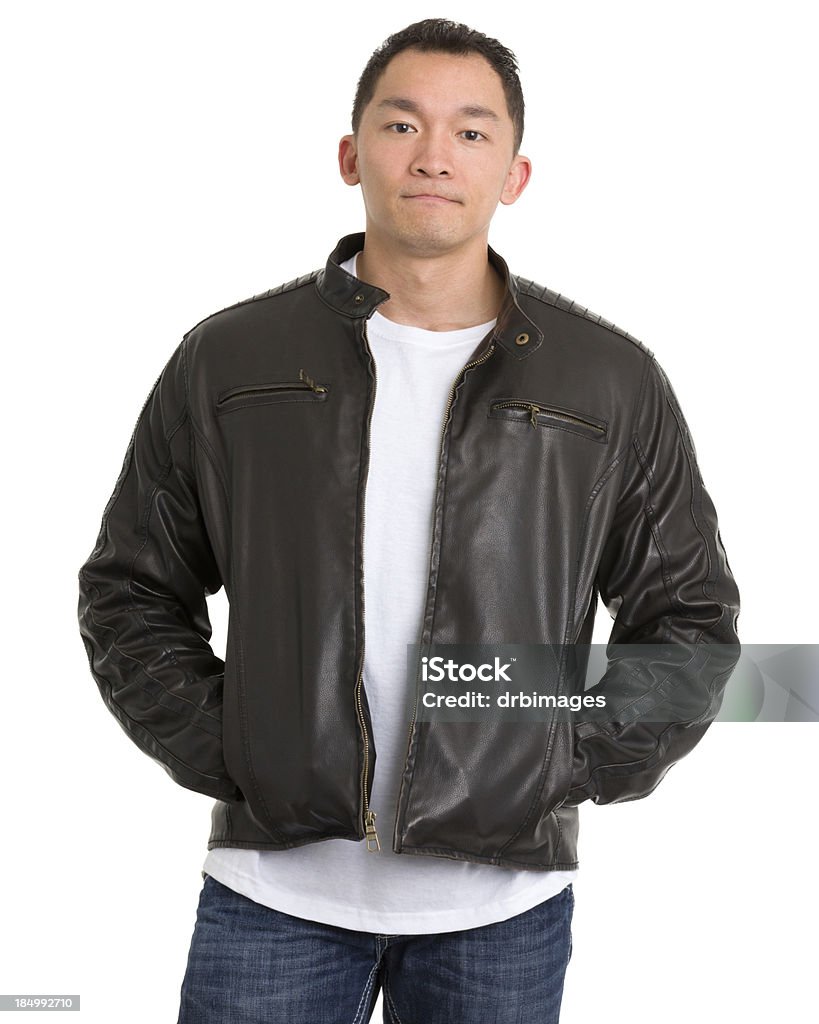 Young Asian Man in Leather Jacket Portrait of a young man on a white background. http://s3.amazonaws.com/drbimages/m/pg.jpg Leather Jacket Stock Photo