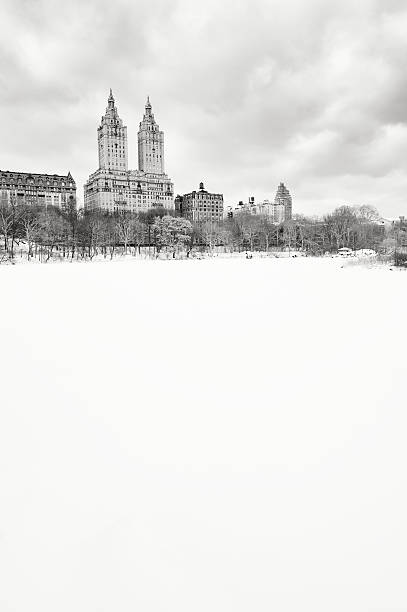 New York City Central Park Winter Snow Scene Central Park New York City looks bleak and beautiful under a blanket of snow winter in central park and upper west side new york stock pictures, royalty-free photos & images