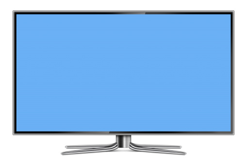Front view of high-definition flat screen LCD television. Metallic frame and stand with blank blue screen.Clean image and isolated on white background.