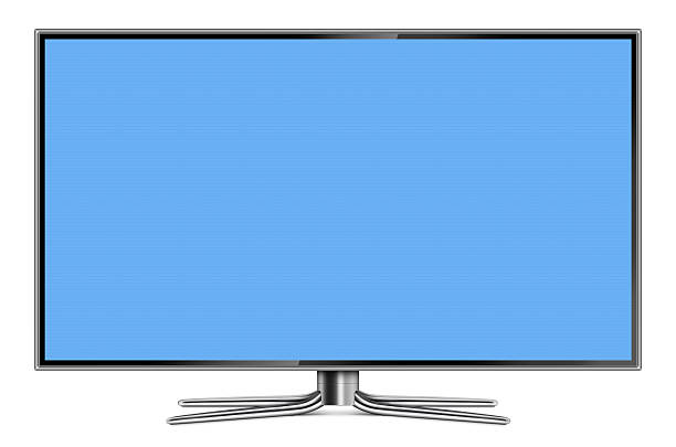 Flat Screen LCD Television Front view of high-definition flat screen LCD television. Metallic frame and stand with blank blue screen.Clean image and isolated on white background. television set stock pictures, royalty-free photos & images
