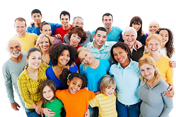 feliz grupo grande de personas de pie juntos. - human age fotografías e imágenes de stock