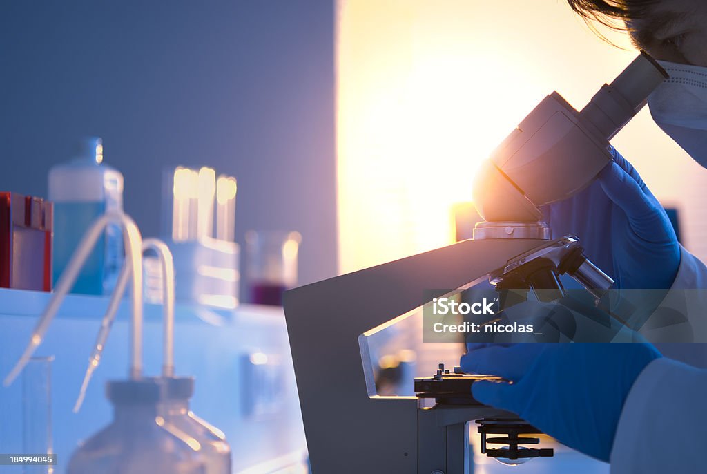 Scientific research A scientist using a microscope Scientific Research Stock Photo