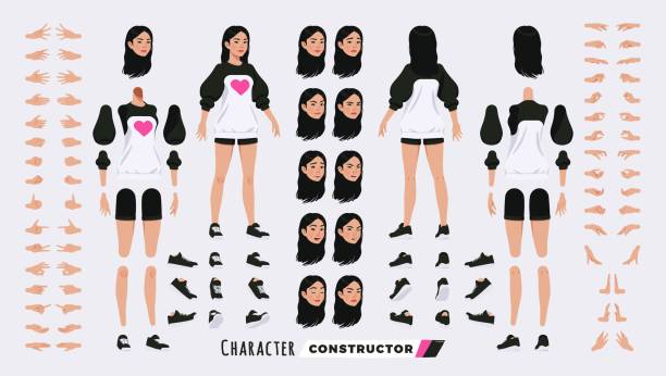 ilustrações de stock, clip art, desenhos animados e ícones de asian girl, korean woman, cute female character diy constructor - fashionable the human body short hair human head