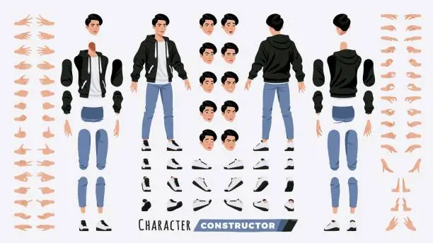 Vector illustration of Asian guy, korean man, male character DIY constructor