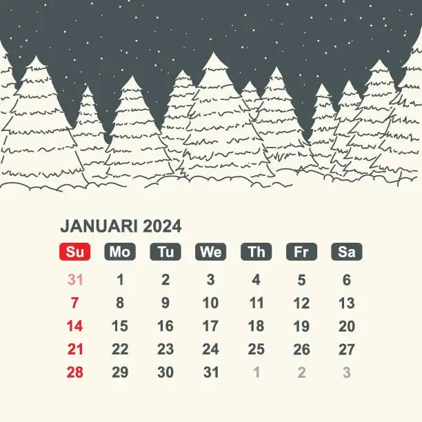 Vector illustration of Calendar for January 2024. Vector illustration