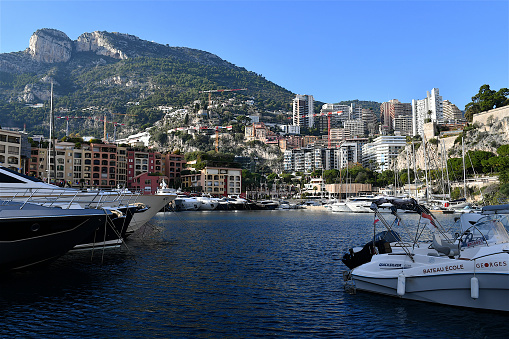 Monaco, Europe, Monte Carlo, Mediterranean Sea, Docked Boat, Residential Building Exterior, Bay Of Water, Cityscape, Mountain, Sky, Tourism, Aerial View