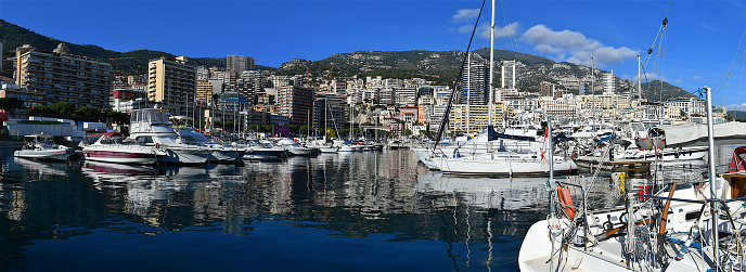 Monaco-ville, Monaco-11 20 2023: Panoramic view of the city of Monaco and its marina.