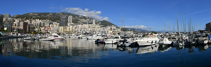 Monaco-ville, Monaco-11 20 2023: Panoramic view of the city of Monaco and its marina.