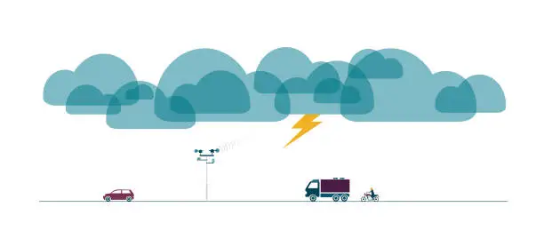 Vector illustration of Weather station radar next to a road with vehicles passing by as a thunderstorm brews. Technology, traffic. Flat style colorful vector illustration isolated on white background.