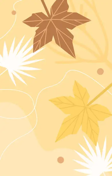 Vector illustration of Abstract yellow botanical pattern with autumn leaf, lines and dots