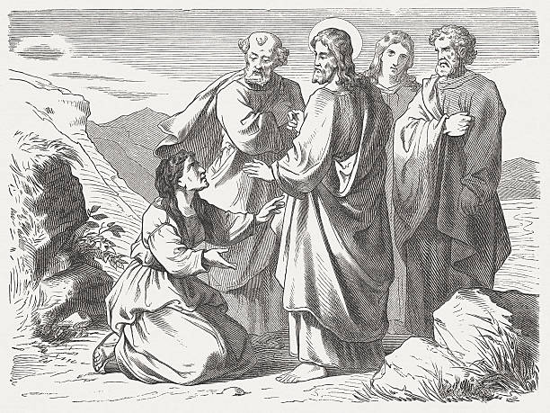 Jesus and the Canaanite woman (Matthew 15), published in 1877 "Jesus and the Canaanite woman (Matthew, Chapter 15). Woodcut after a drawing by Julius Schnorr von Carolsfeld (German painter, 1794 - 1872) from my archive, published in 1877." Worshipper stock illustrations
