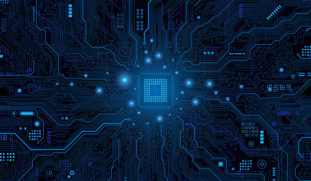 illustrations, cliparts, dessins animés et icônes de puce cpu sur la carte mère. concept de processeur de processeurs d’ordinateur central. concept de base de données de traitement de données de grande taille d’ordinateur quantique. processeur de micropuce futuriste. puce numérique. - technicien