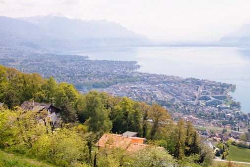 View of Lake Geneva on Hazy Day in Spring