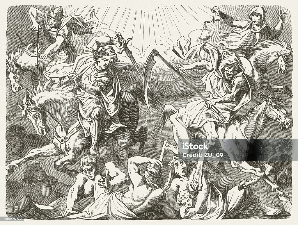 Seven Seals (Revelation 6, 1) I looked on when the Lamb opened one of the seven seals, and I heard one of the four living creatures saying with a thunderous voice, “Come!” (Revelation, Chapter 6, 1). Wood engraving after a drawing by Julius Schnorr von Carolsfeld (German painter, 1794 - 1872), published in 1877. Judgment Day - Apocalypse Stock Photo