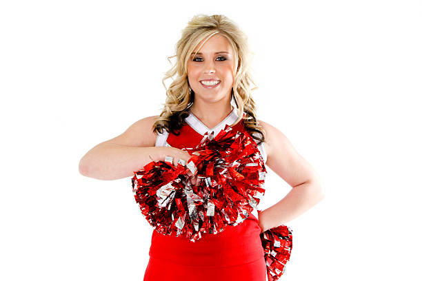 istock Cheerleader with red, white and black pom poms 184997013