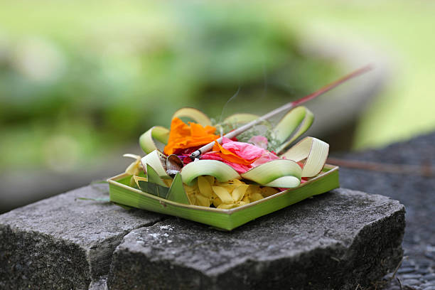Temple offerings in Bali, Indonesia stock photo
