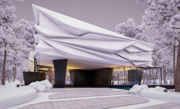 istock 3d rendering of modern house with bionic natural curves plastic forms in winter evening 1849980924