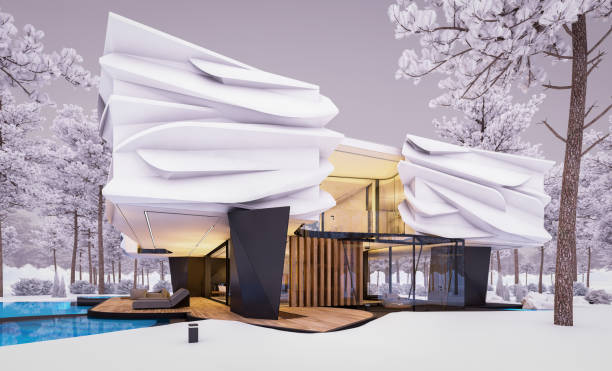 istock 3d rendering of modern house with bionic natural curves plastic forms in winter evening 1849980926