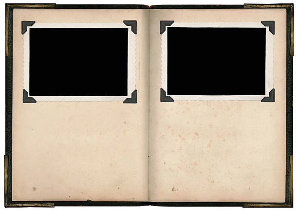 istock Old photo album with two photos and copy space underneath 184998093