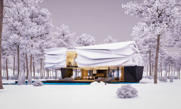 istock 3d rendering of modern house with bionic natural curves plastic forms in winter evening 1849981454