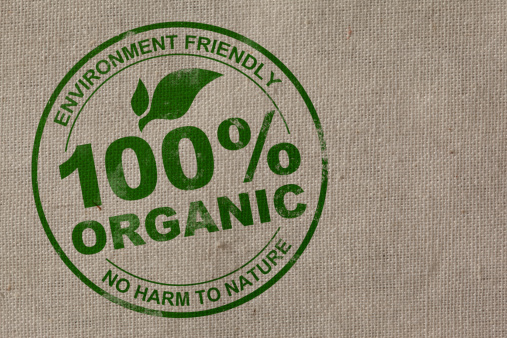 100% organic stamp on natural cotton fabric.
