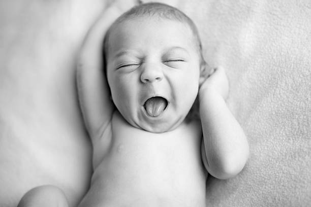istock Black and White Image of Newborn Baby Yawning While Stretching 184999426