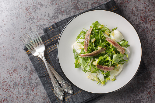 Serving of salad of arugula, fennel, anchovies, red onions and preserved lemons close-up in a plate on the table. Horizontal top view from above