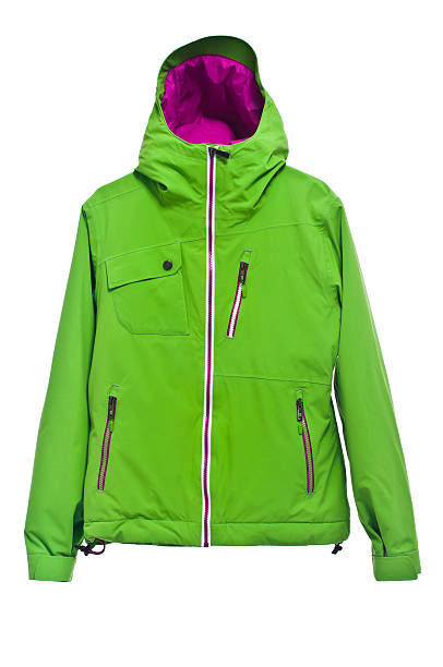 Modern green ski jacket isolated on white background, studio shot