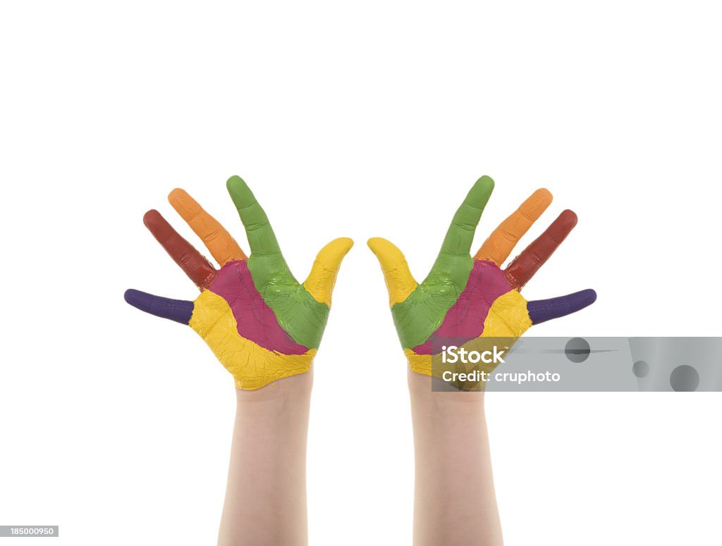 Criança com as mãos coloridas pintadas em tintas - Foto de stock de Abstrato royalty-free