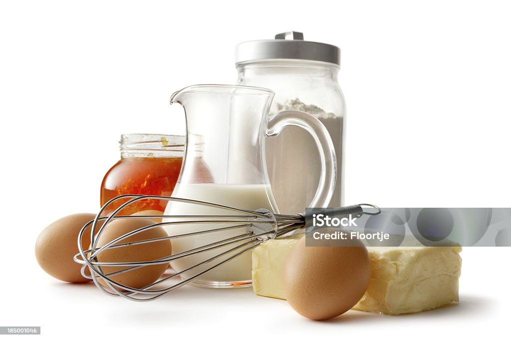 Backen Zutaten: Ei und Butter und Mehl, Milch und Honig - Lizenzfrei Backen Stock-Foto