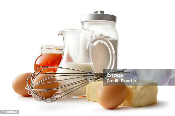 Baking Ingredients Eggs Butter Flour Milk And Honey Stock Photo - Download Image Now