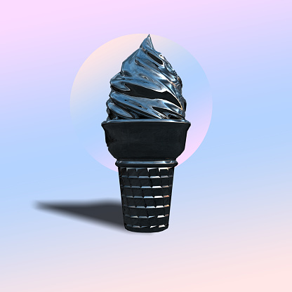 A Chrome Ice Cream with a Gradient Sunset Background in Pink Peach Blue and Purple in16k Resolution