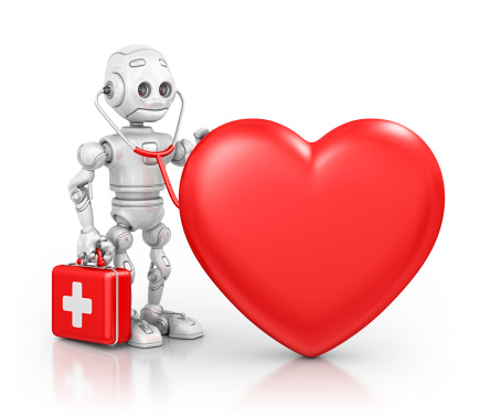 isolated robot holding stetoscope and first aid kit examine big red heart.3d render.