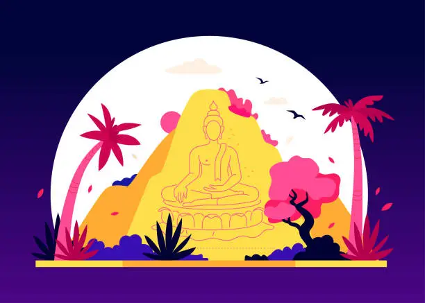 Vector illustration of Buddha Mountain in Pattaya - modern colored vector illustration