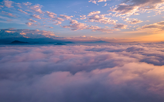 Drone view of Sunrise and cloud during winter season in Nepal.