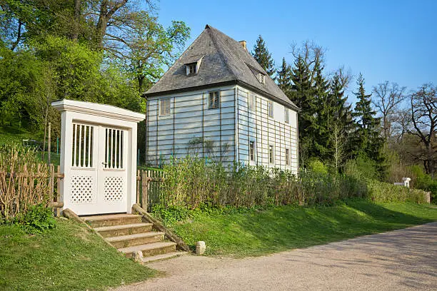 "Goethe's garden house in Weimar, GermanyGoethe lived in this building until 1782, and also helped landscape the park. Goethe was one of the key figures of German literature."