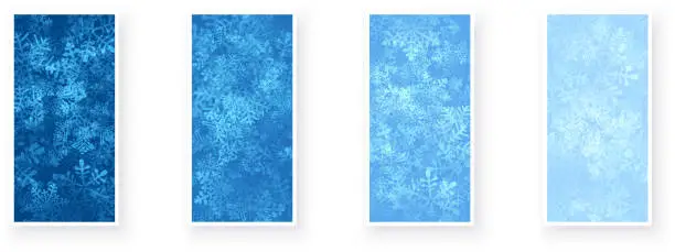 Vector illustration of Set of winter paper cards with blue winter background and detailed transparent snowflakes.