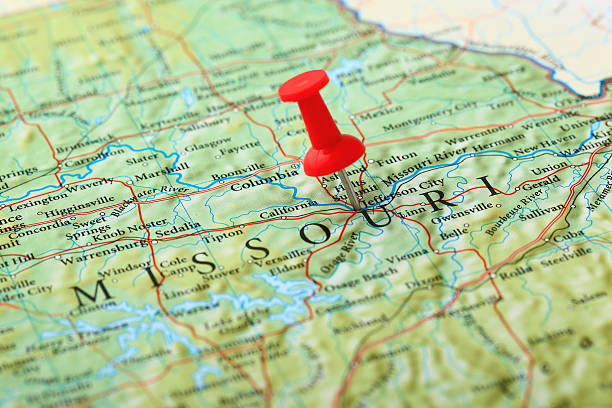 Jefferson City Map, Missouri - USA "Jefferson City Map, Missouri Map. Source: ""Reference Atlas of the World""" usa road map selective focus macro stock pictures, royalty-free photos & images