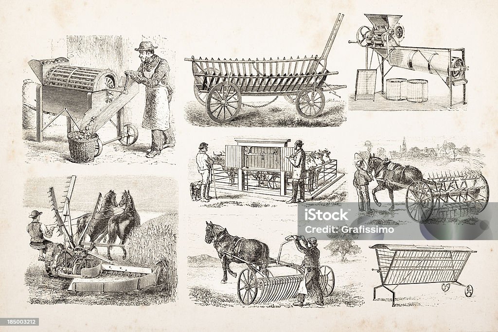 Engraving of farmer plowing and mowing a field  Raw Potato stock illustration