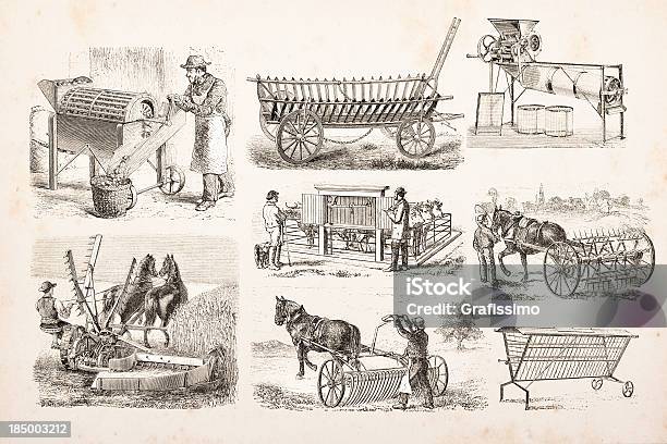 Engraving Of Farmer Plowing And Mowing A Field Stock Illustration - Download Image Now - Raw Potato, Agricultural Field, Agriculture