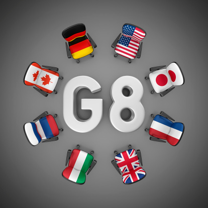 eight office chairs with flags of g8 countries and g8 in the center.3d render.