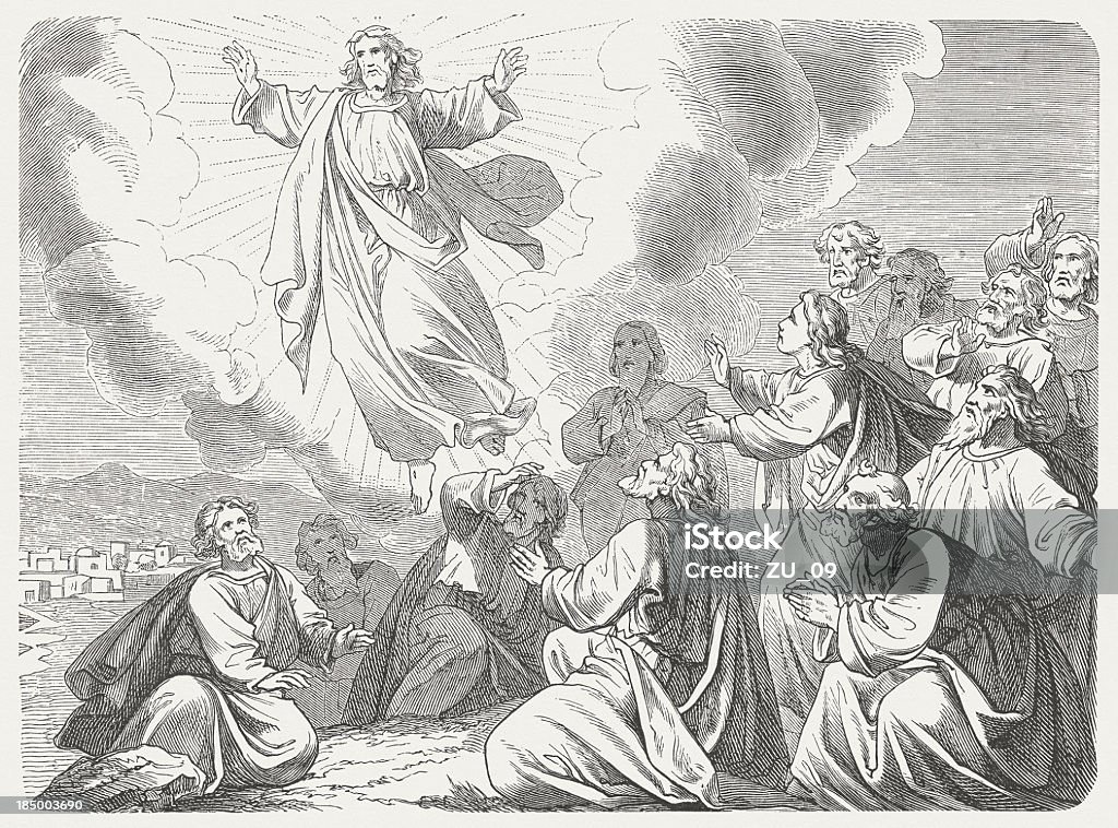 Ascension of Christ, wood engraving, published in 1877 "Ascension of Christ. Woodcut after a drawing by Julius Schnorr von Carolsfeld (German painter, 1794 - 1872) from my archive, published in 1877." Jesus Christ stock illustration